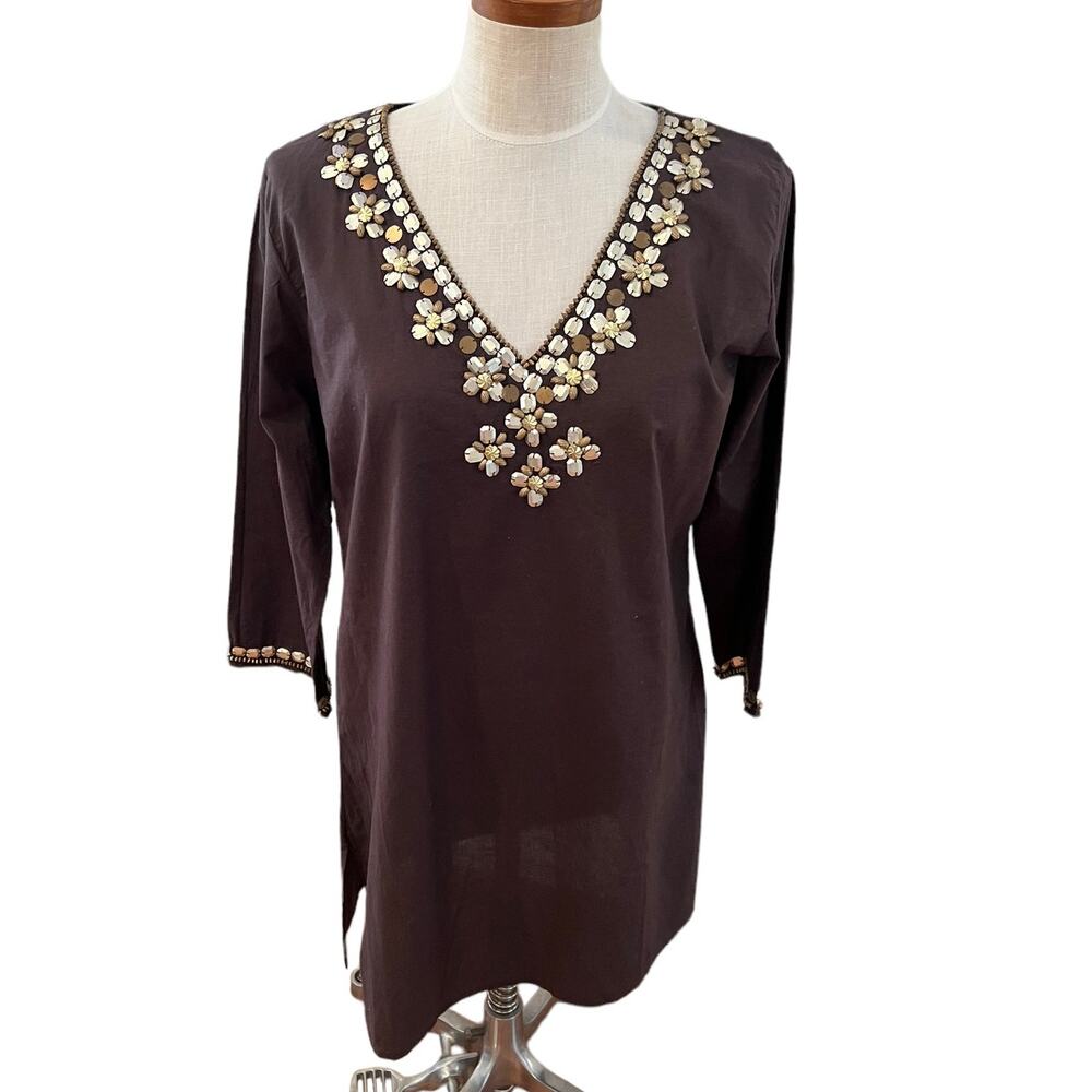 Chocolate brown Cover Up gold embellished neckline M